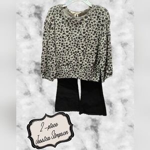 Jessica Simpson Black and Gray Floral Blouse with Black Flare Jeans